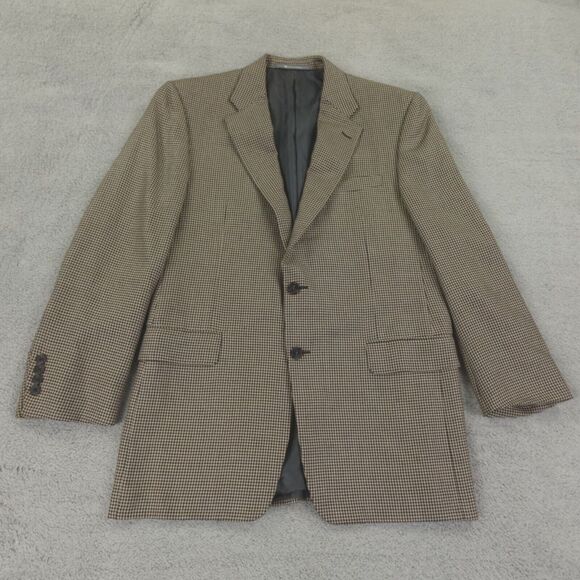 Hickey Freeman Sport Coat Mens 40R Houndstooth‎ Tan Black Silk Camel USA Blazer - Picture 1 of 16
